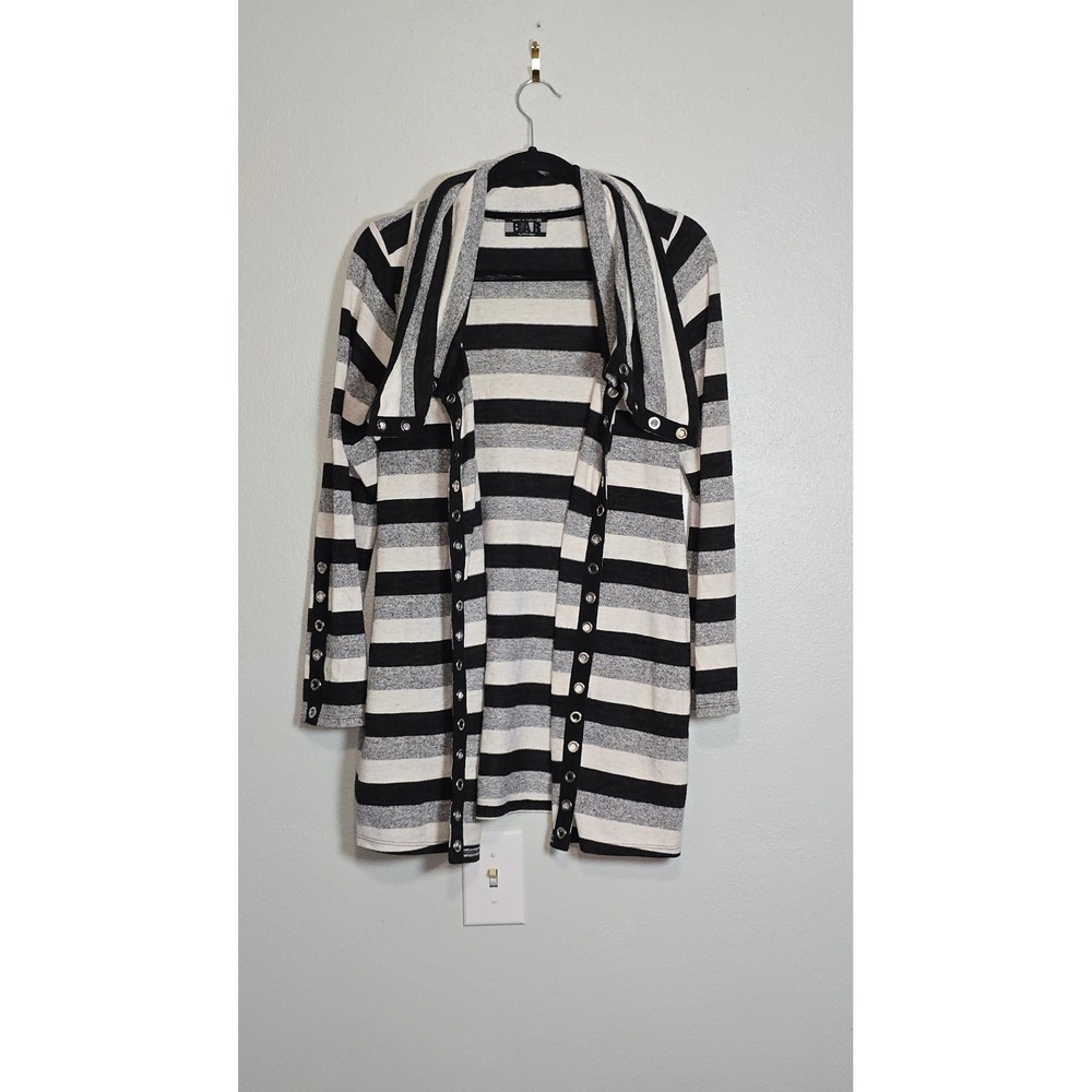 BAR III Womens Striped Grommet Trim Cardigan Black Grey White Open Front Sweater